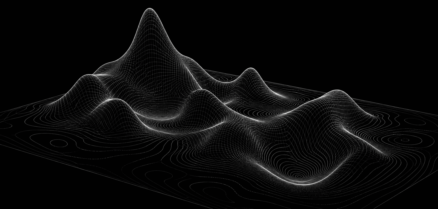 A monochrome three-dimensional optimization landscape with multiple peaks, valleys, saddle points, and deep minima